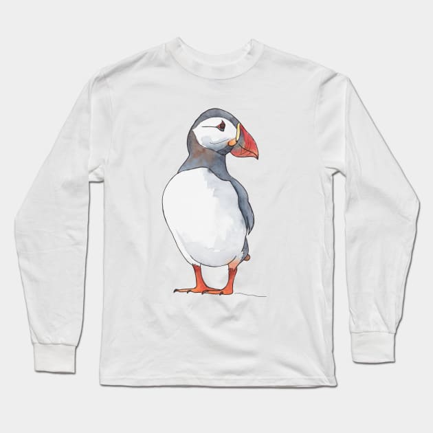 Little puffin friend - illustration in pen and watercolors Long Sleeve T-Shirt by kittyvdheuvel